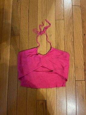Garage pink cropped halter top with front cutout detail